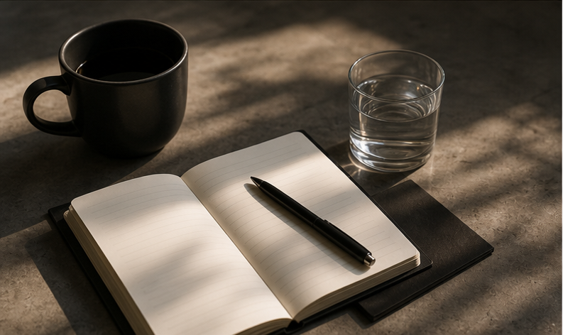 Notizbuch und Kaffee als Symbol für fokussierte Arbeit